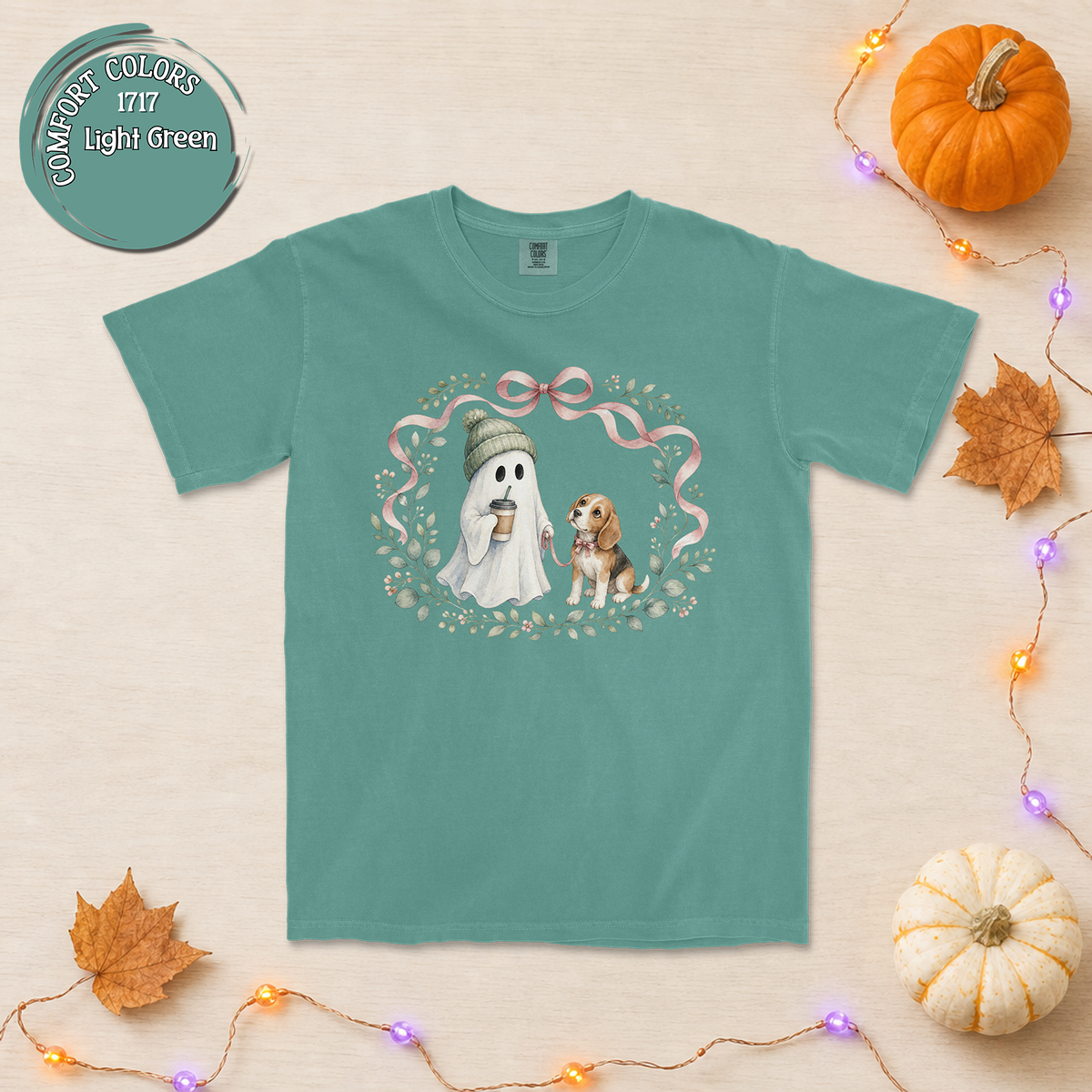 A Ghost with Coffee walking a Beagle with Floral Wreath and Bow T-Shirt | Cute Dog Portrait Tee