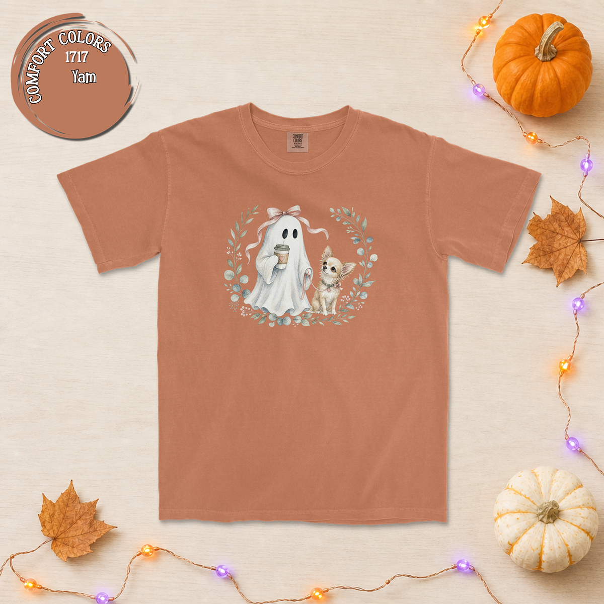 Cute Ghost with Coffee and Chihuahua T-Shirt | Floral Wreath Halloween