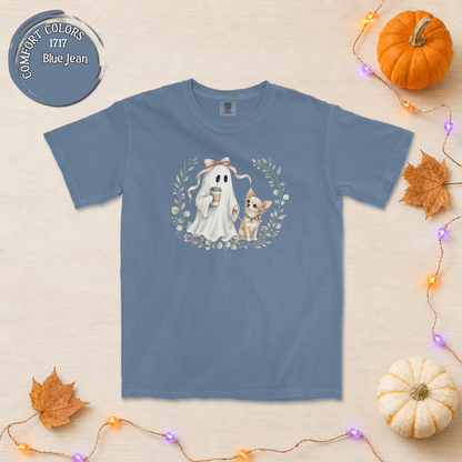 Cute Ghost with Coffee and Chihuahua T-Shirt | Floral Wreath Halloween