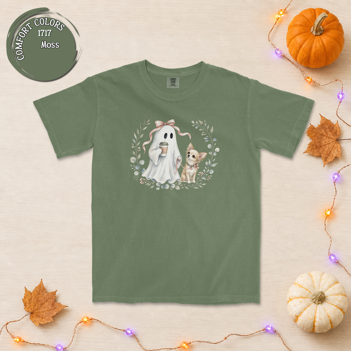 Cute Ghost with Coffee and Chihuahua T-Shirt | Floral Wreath Halloween