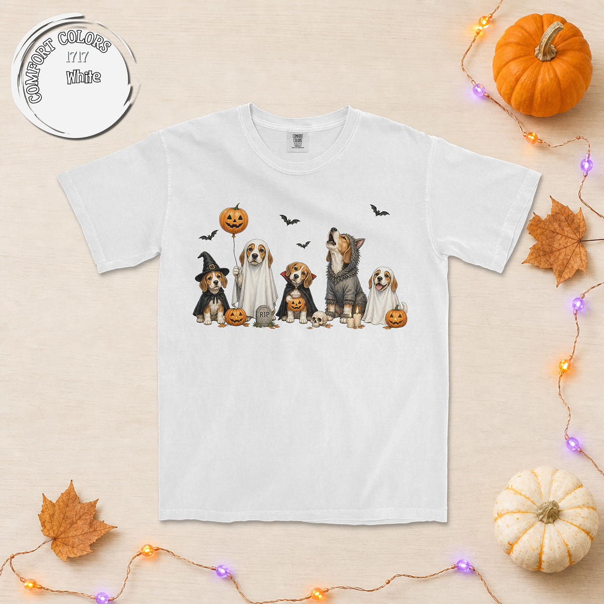 Beagle Halloween Party Tee – 5 Costumed Beagles Graveyard Scene
