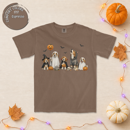 Beagle Halloween Party Tee – 5 Costumed Beagles Graveyard Scene