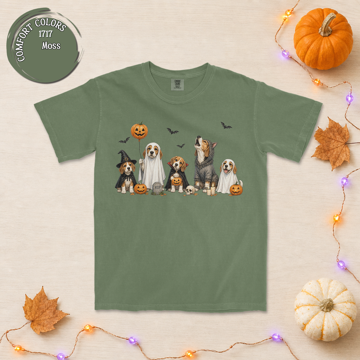 Beagle Halloween Party Tee – 5 Costumed Beagles Graveyard Scene
